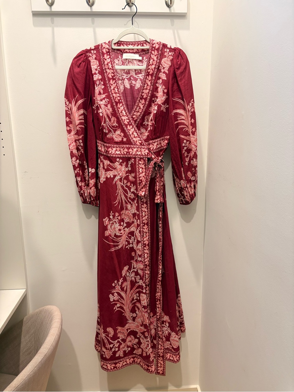 Zimmermann Wine Red Maxi Wrap Dress with Pink Floral Embroidery